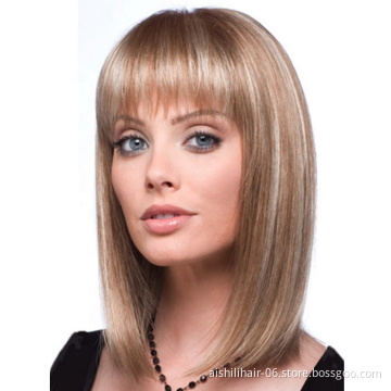 Aishili Wholesale  mix goldem with blonde natural synthetic wigs with natural bangs synthetic hair wigs for women